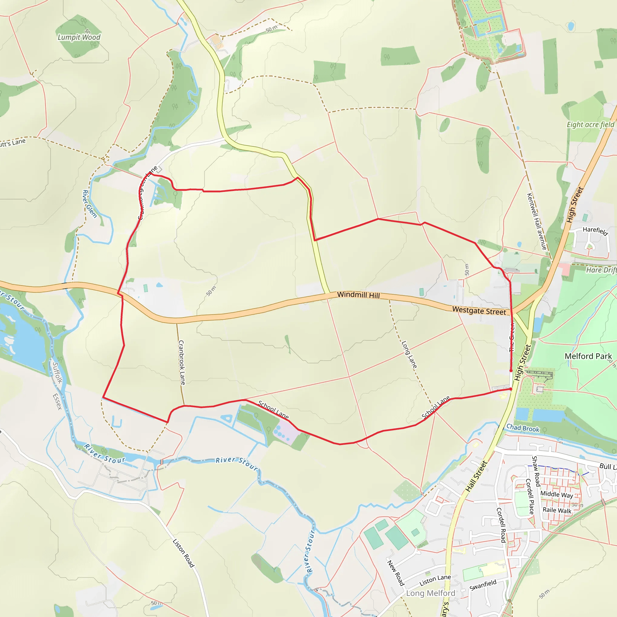 Melford Hall - Windmill Hill Walk - Long Melford - Suffolk mobile static map