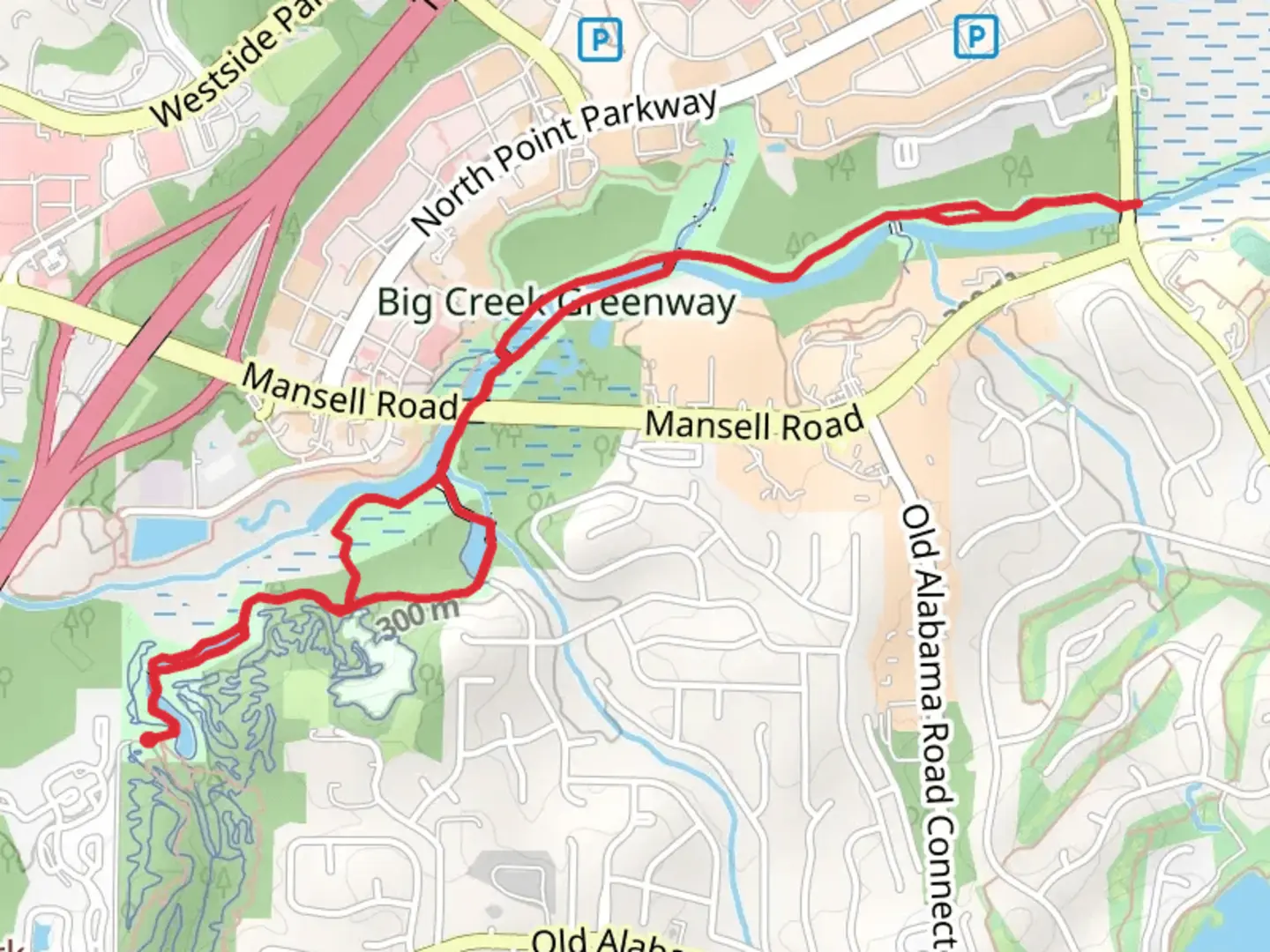 An image depicting the trail Greenway - Roswell - Alpharetta Path and its surrounding area.
