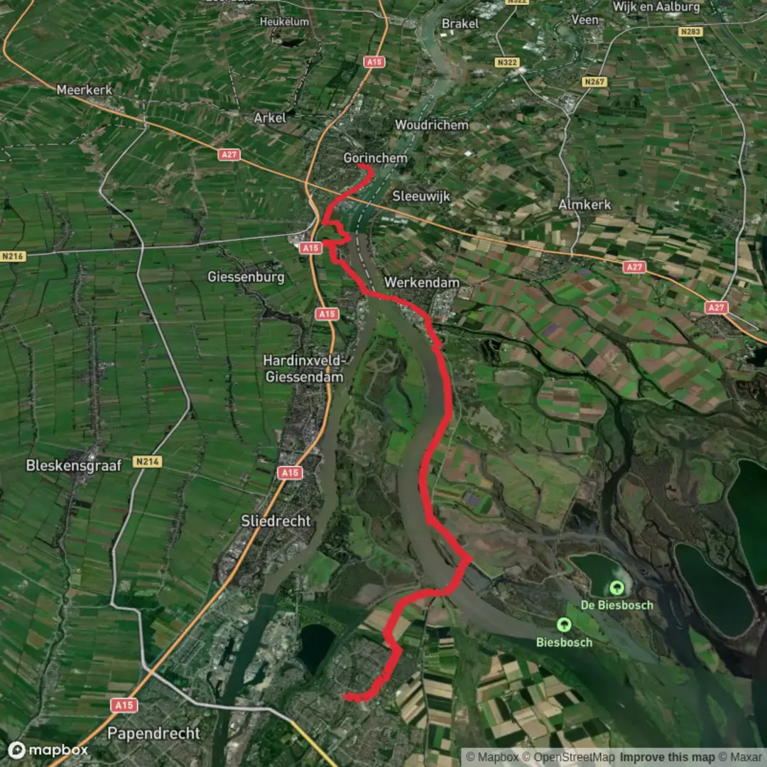 An image depicting the trail Dordrecht Stadspolders to Gorinchem via Merwede and its surrounding area.