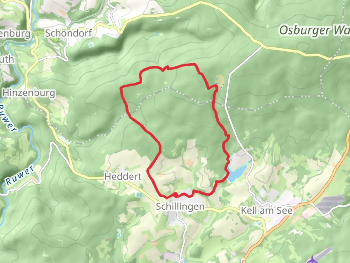 An image depicting the trail Keller Stausee via Heddert 1 and Kell 3 and its surrounding area.