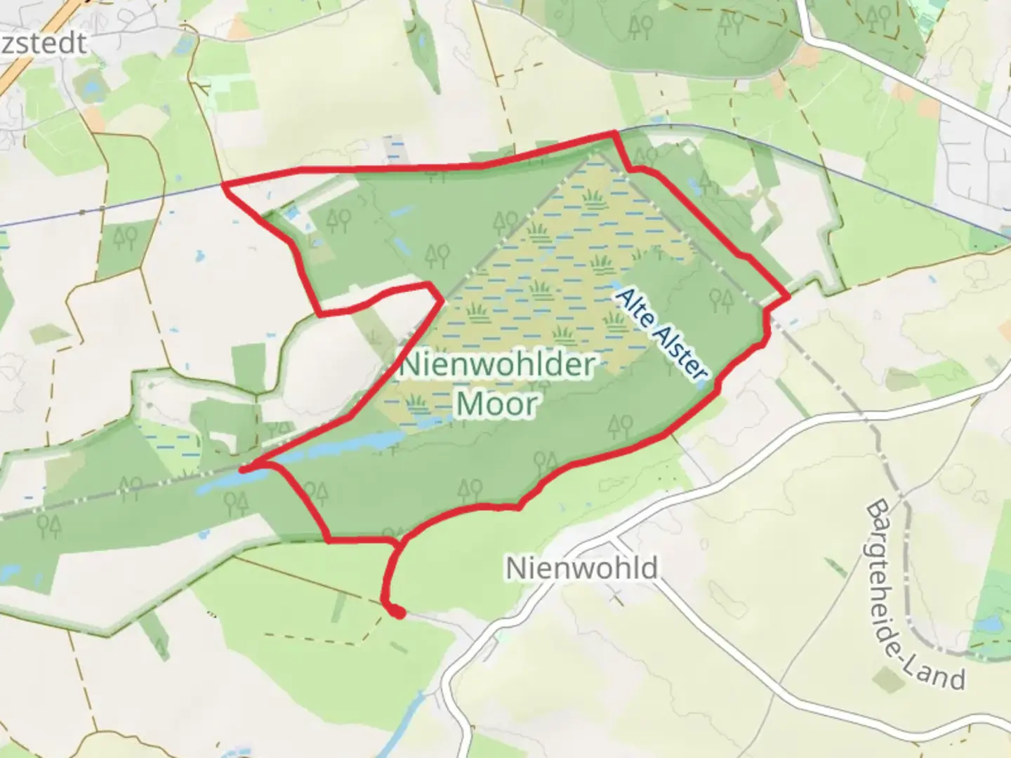 An image depicting the trail Nienwohlder Moor and Lundener See Loop and its surrounding area.