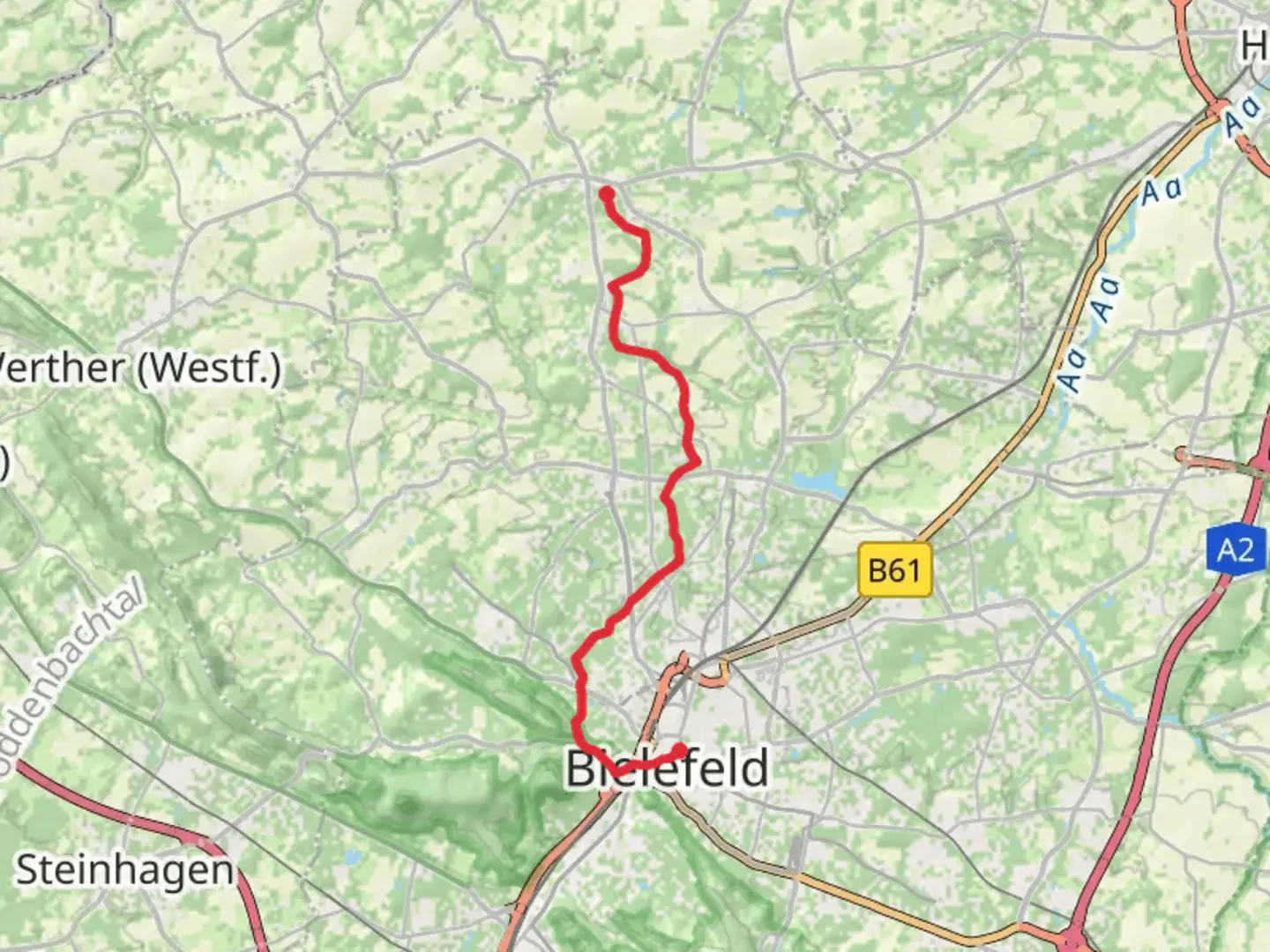 An image depicting the trail Jollenbeck to Rathaus via Leineweberweg and its surrounding area.