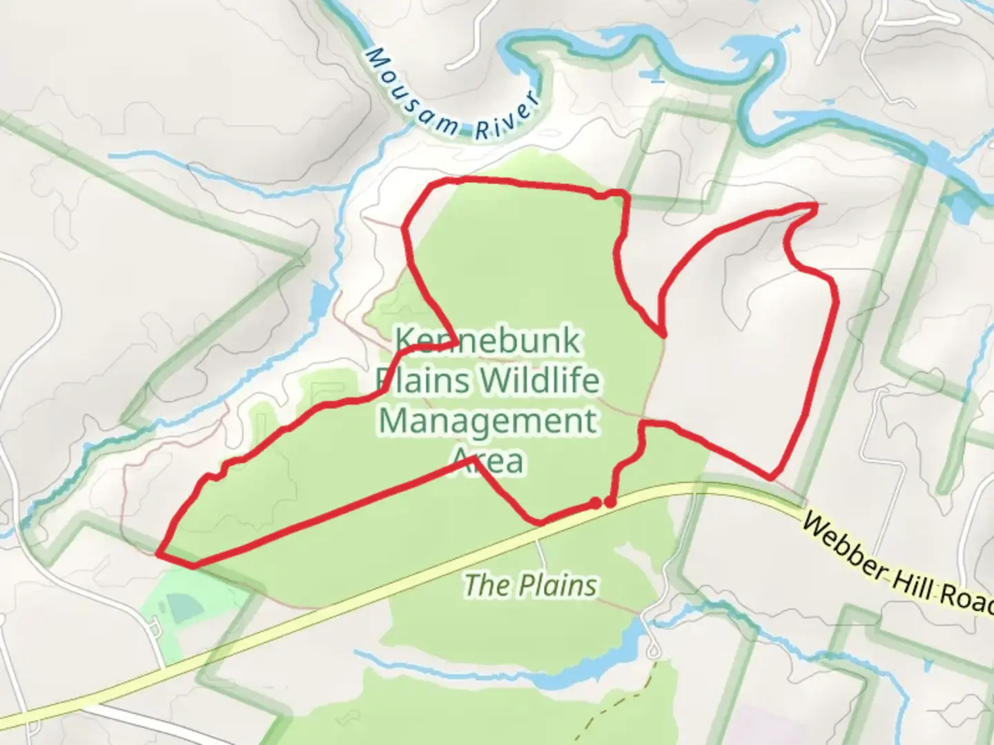 An image depicting the trail Kennebunk Plains Wildlife Management Area Loop and its surrounding area.
