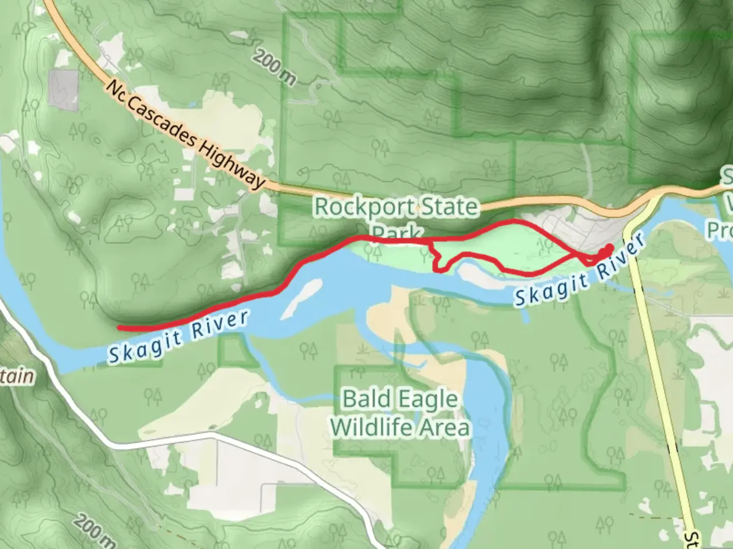 An image depicting the trail Skagit Sauk Reach Trail and Wetland Wildlife Trail and its surrounding area.