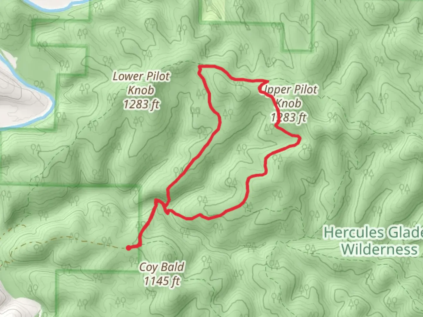 An image depicting the trail Upper Pilot Knob Loop and its surrounding area.