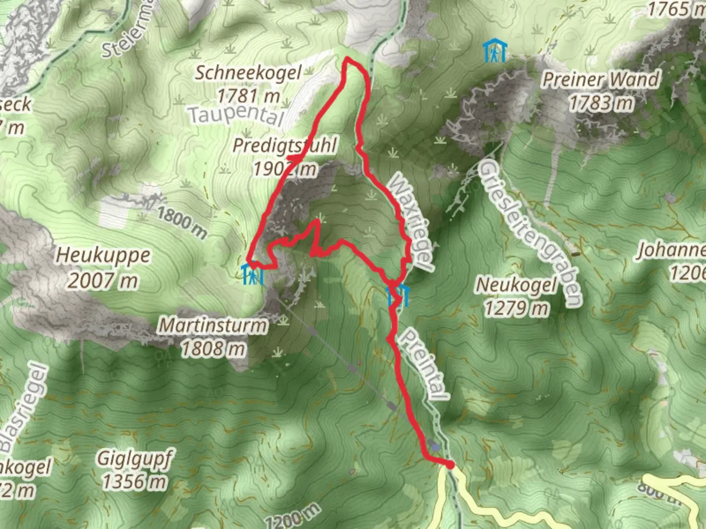 An image depicting the trail Waxriegelsteig to Rax Loop and its surrounding area.