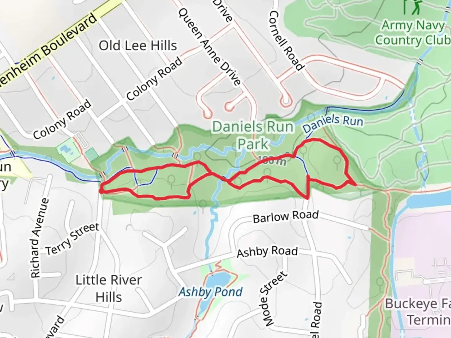 An image depicting the trail Daniels Run Loop and its surrounding area.