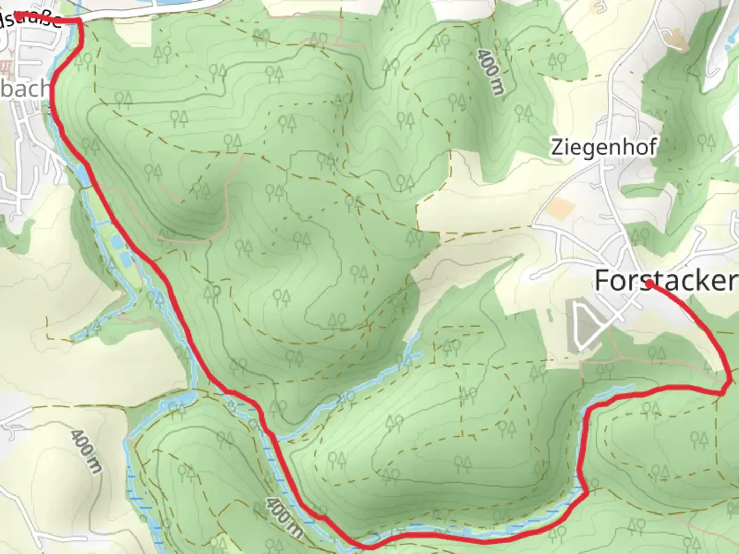 An image depicting the trail Spindelbach from Irlbach to Forstacker and its surrounding area.