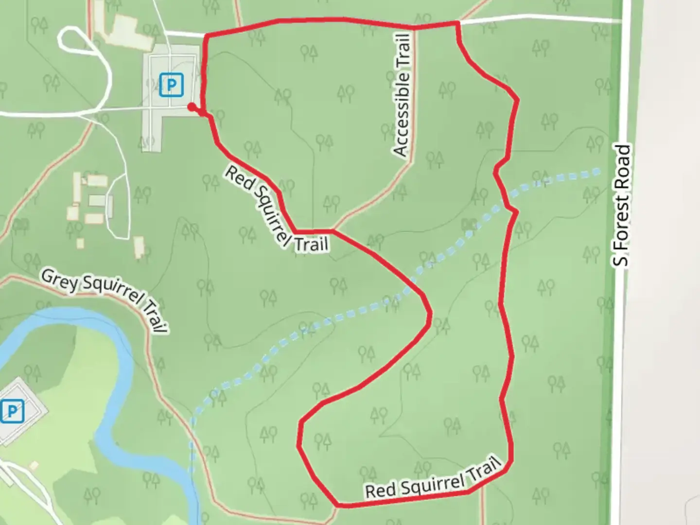 An image depicting the trail Red and Grey Squirrel Loop Trail and its surrounding area.