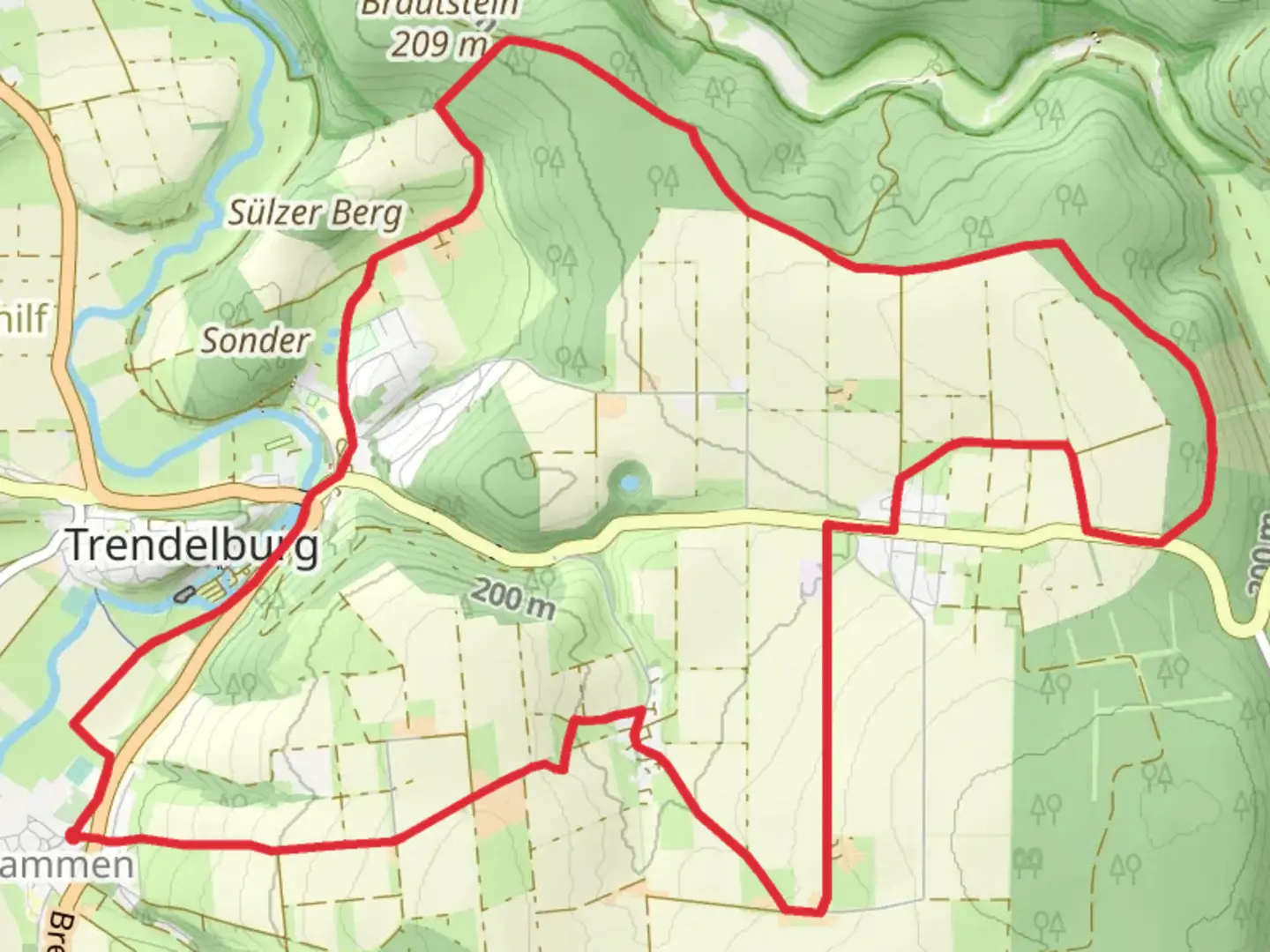 An image depicting the trail Stammen S1 and Friedrichsfeld Rundweg and its surrounding area.