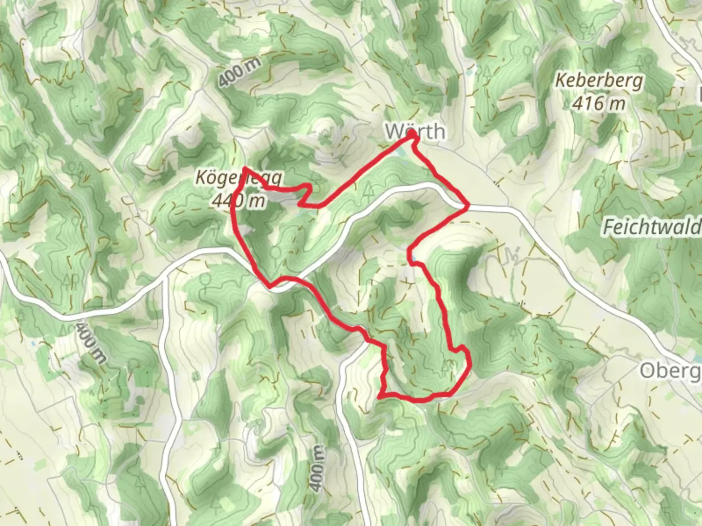 An image depicting the trail Badenbrunn Loop of the 5-Elements-Weg and its surrounding area.