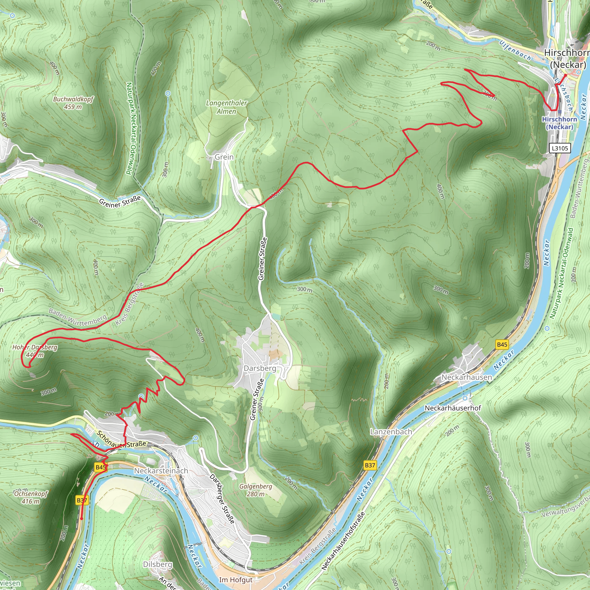 Neckarsteinach to Hirschhorn Walk via Hoher Darsberg mobile static map