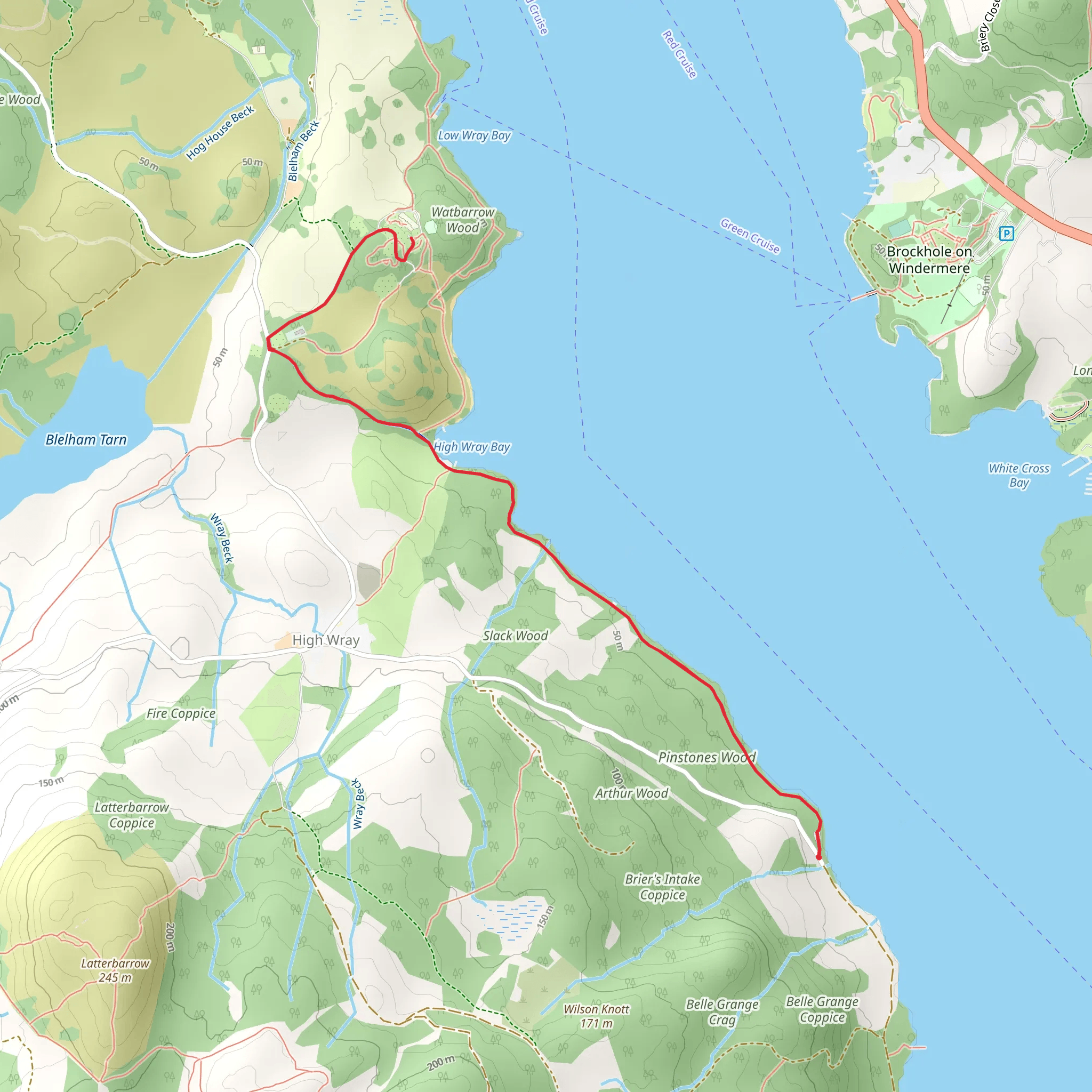 Red Nab to Wray Castle Walk via Windermere West Shore mobile static map