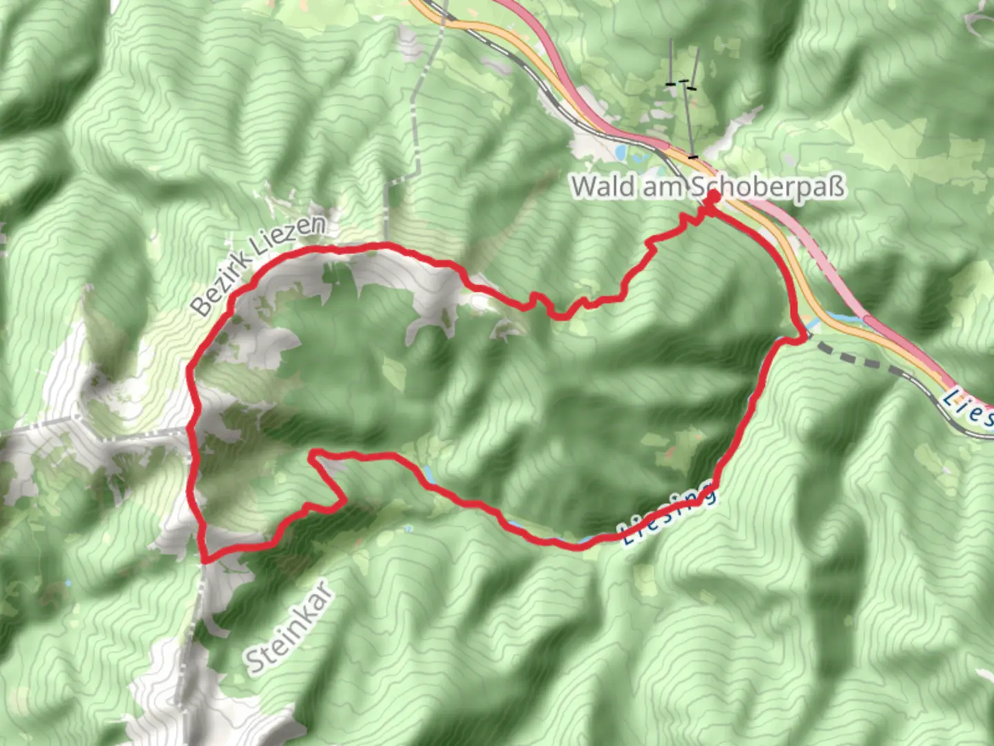 An image depicting the trail Wald am Schoberpaß to Großer Schober and Himmeleck and its surrounding area.