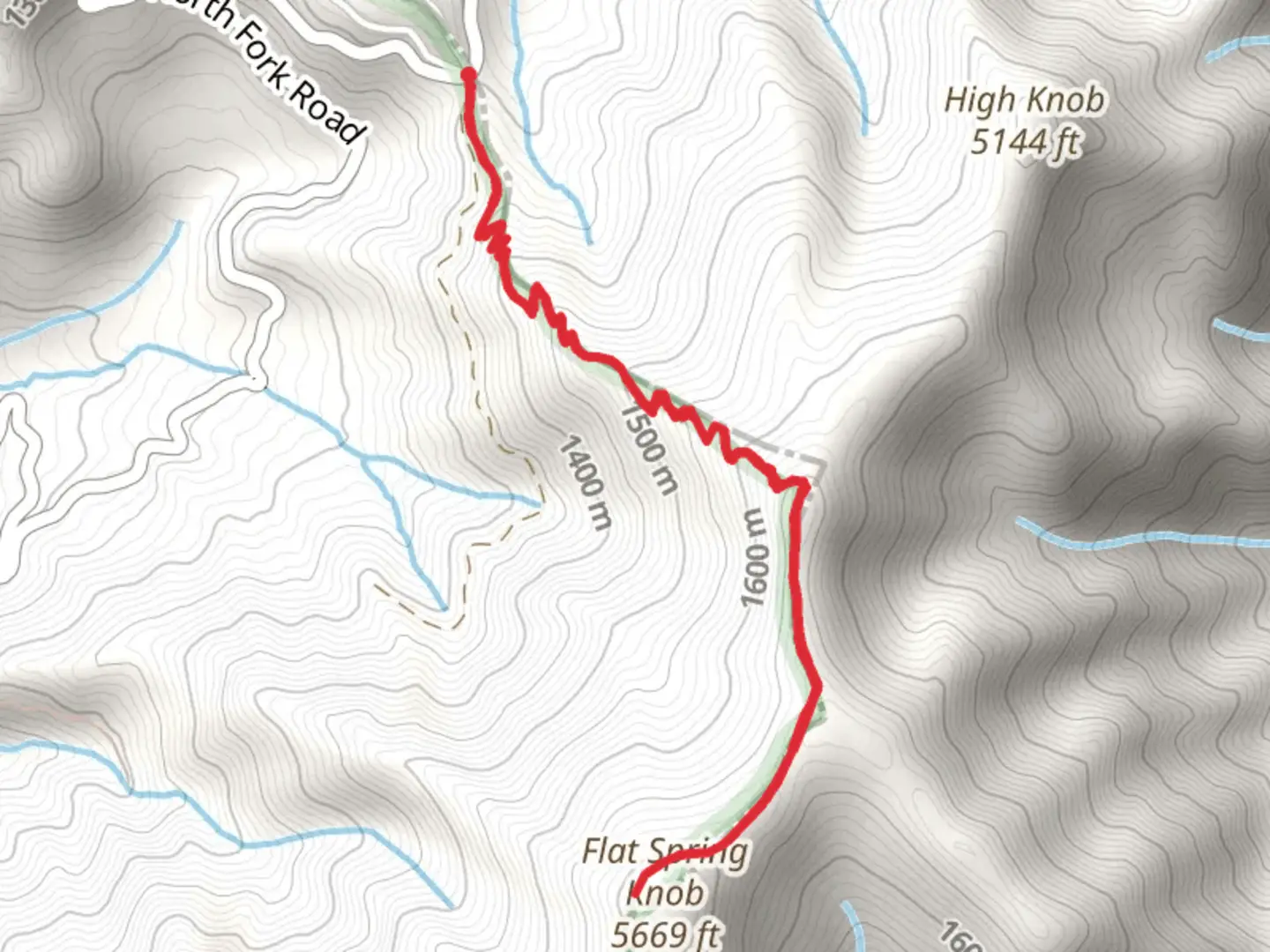 An image depicting the trail Flat Spring Knob via Big Butt Trail and its surrounding area.