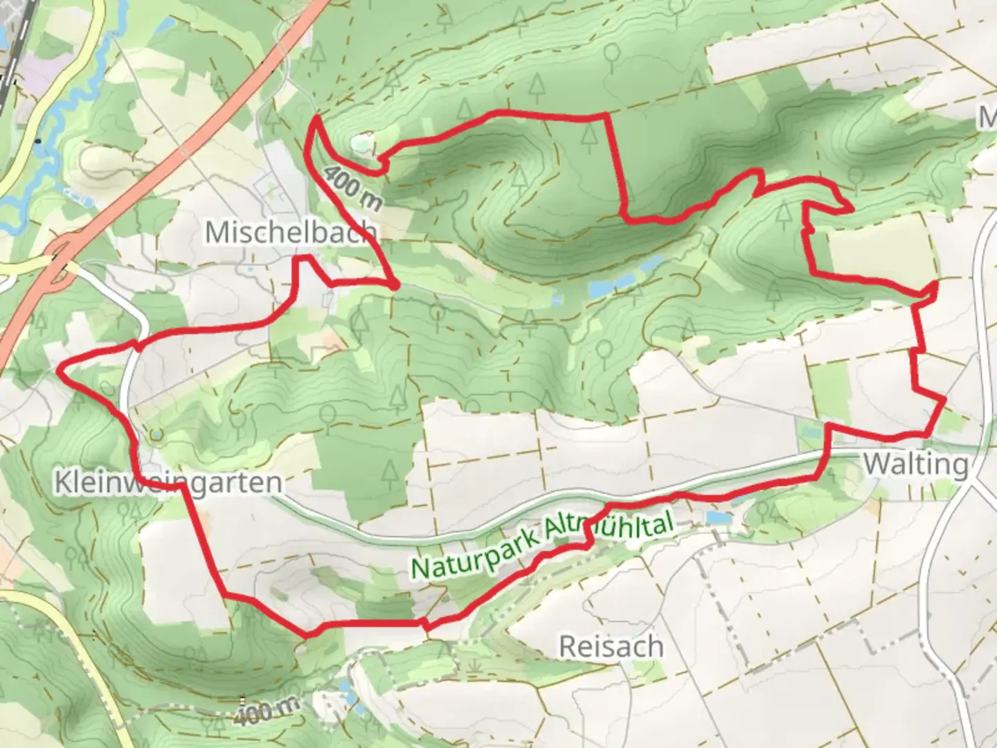 An image depicting the trail Mischelbach and Walting Loop and its surrounding area.