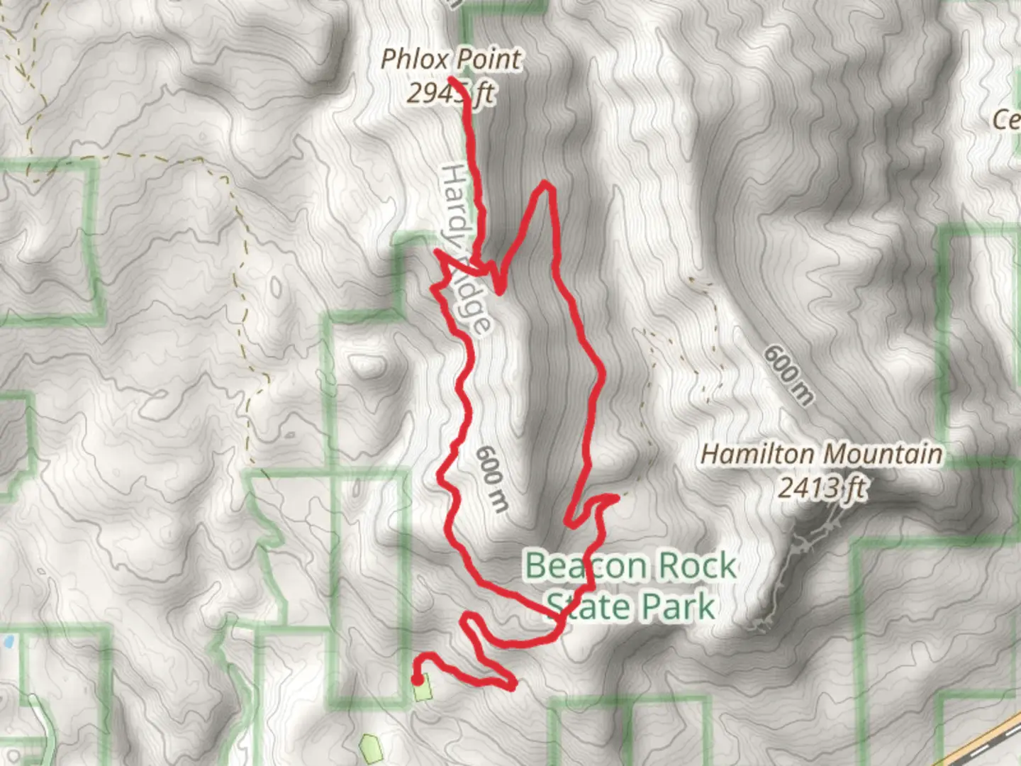 An image depicting the trail Phlox Point and Hardy Ridge Loop and its surrounding area.