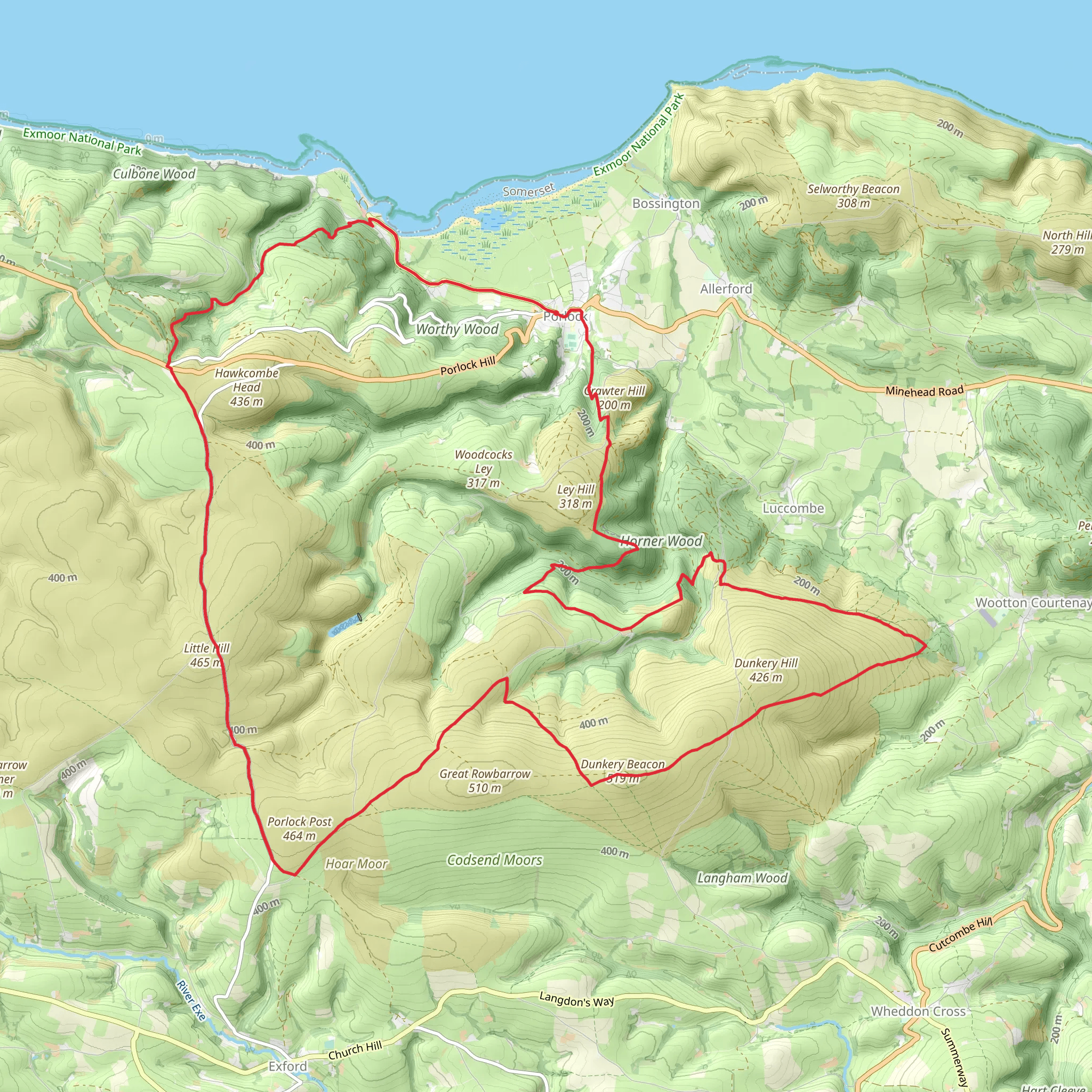Porlock, Higher Crockwell and Porlock Weir Loop via Horner Wood mobile static map
