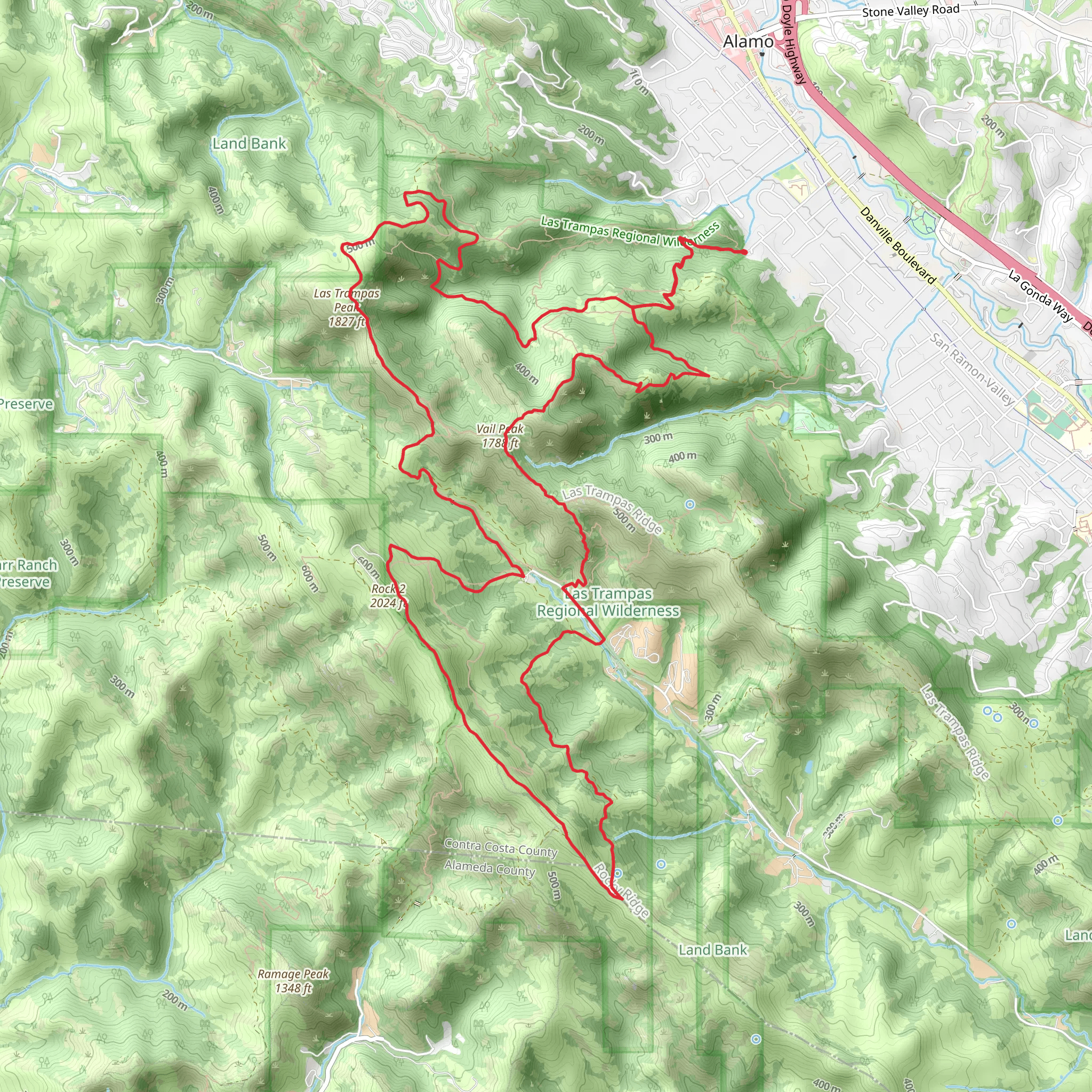 Ringtail Cat, Corduroy Hills, Ridge View and Las Trampas Ridge and Calaveras Ridge Loop Trail mobile static map