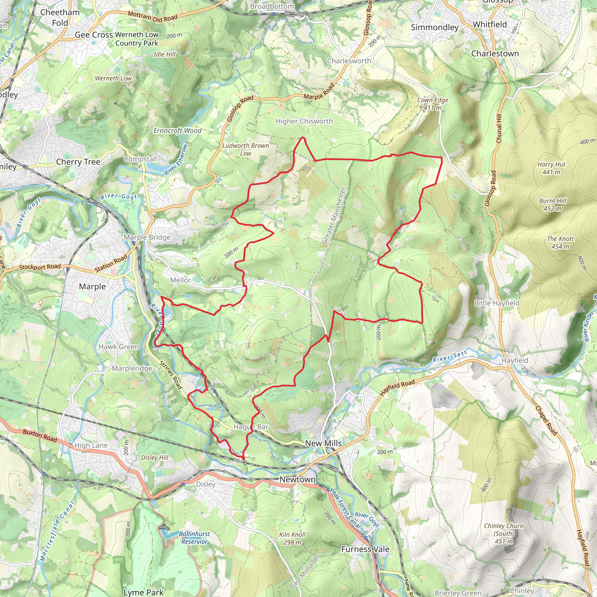 Strines, Hague Bar and Rowarth Loop via Roman Lakes mobile static map