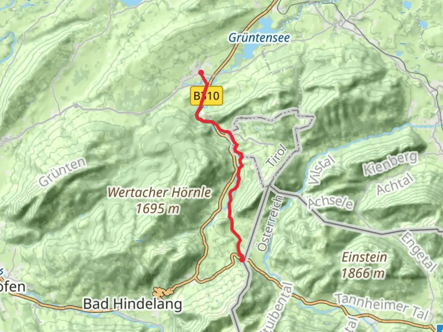 An image depicting the trail Ehem Zollamt to Wertach via Sebald Weg and its surrounding area.
