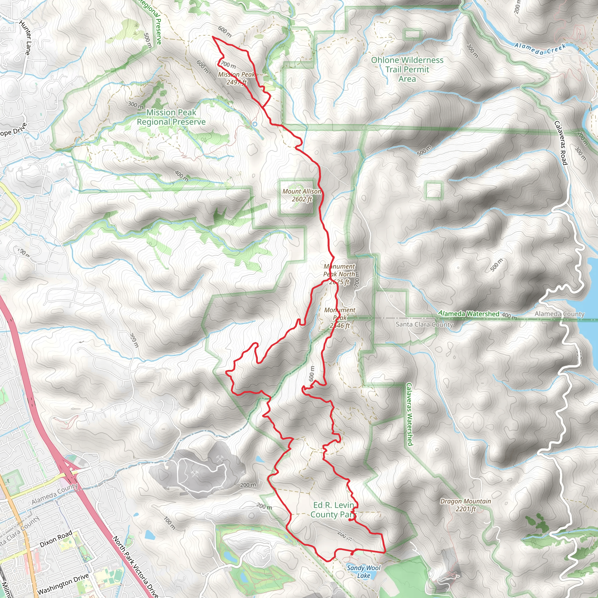 Monument Peak and Mission Peak Loop from Sandy Wool Lake mobile static map