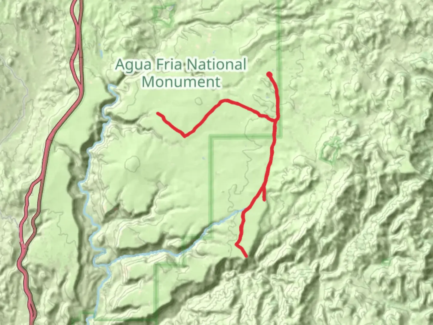 An image depicting the trail Hackberry Wash and Larry Creek and its surrounding area.