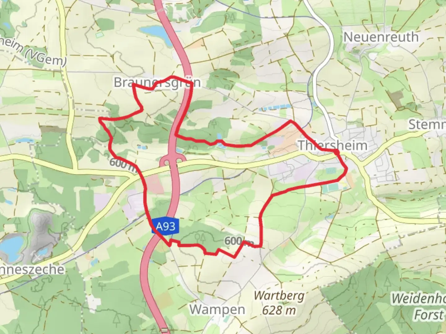 An image depicting the trail Wanderweg 2 Thiersheim and its surrounding area.