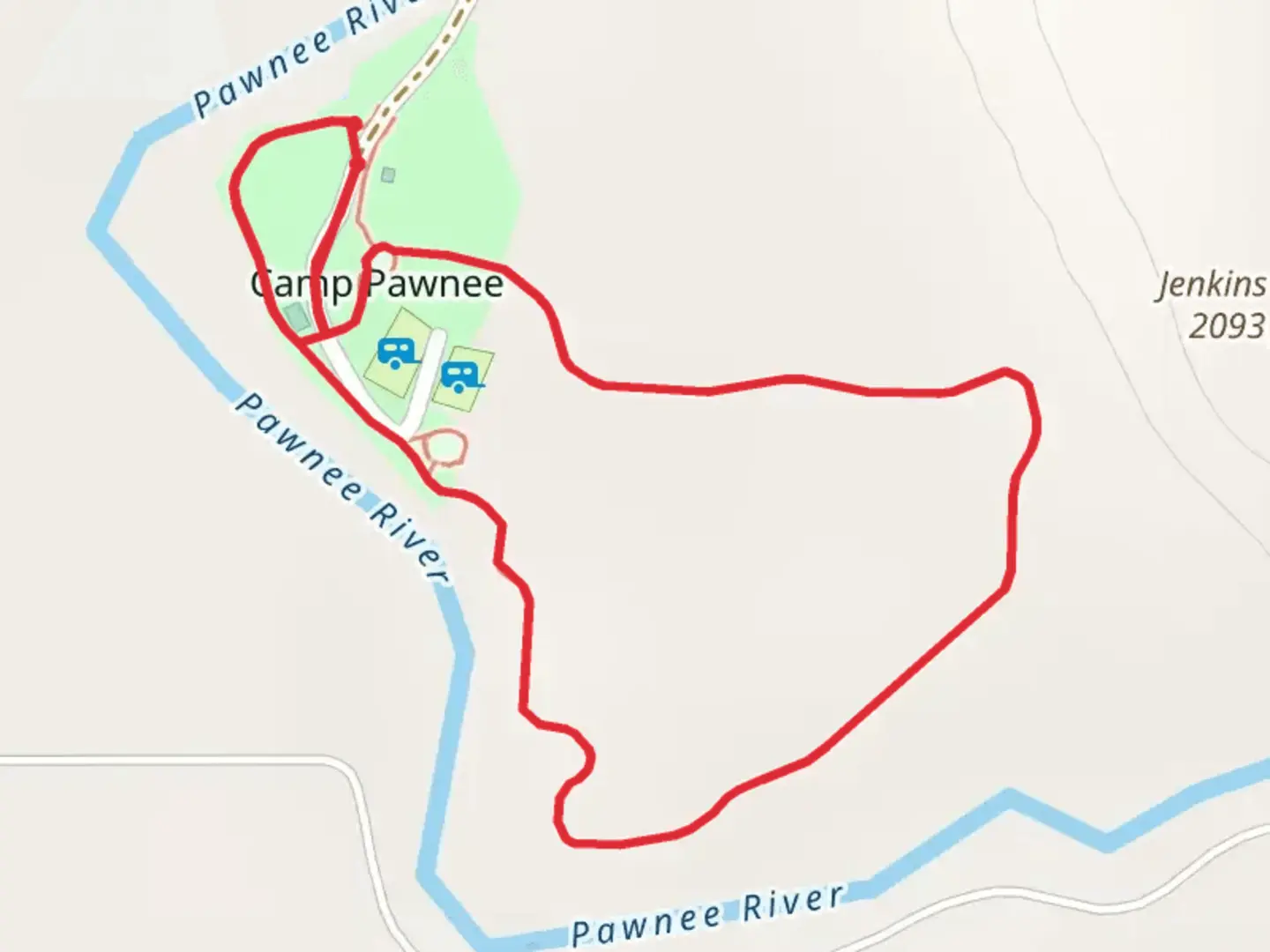 An image depicting the trail Camp Pawnee Loop and its surrounding area.
