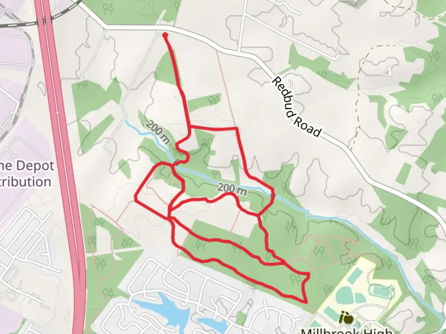 An image depicting the trail Red Bud Run Loop and its surrounding area.