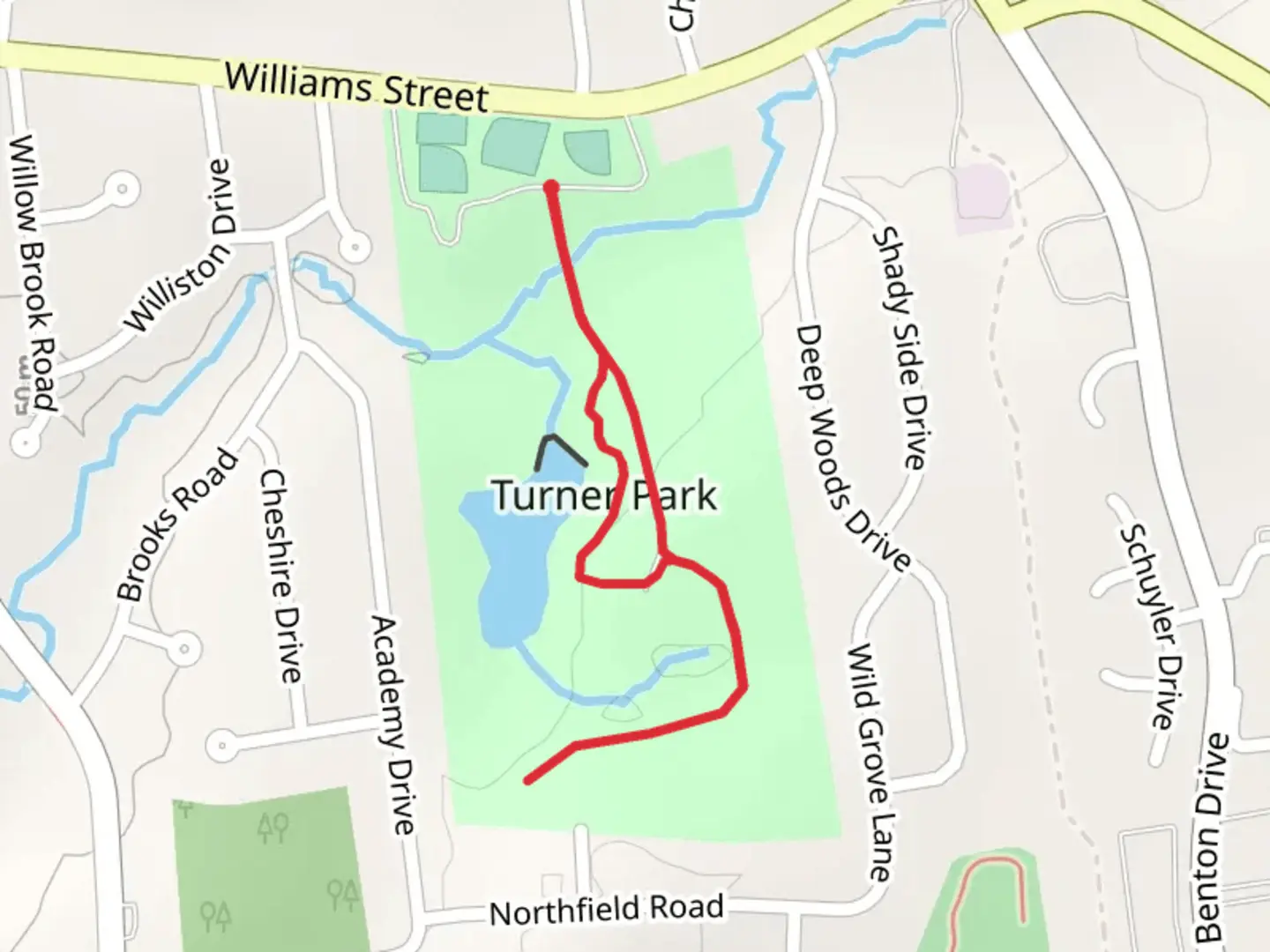 An image depicting the trail Loop around Turner Park Pond and its surrounding area.