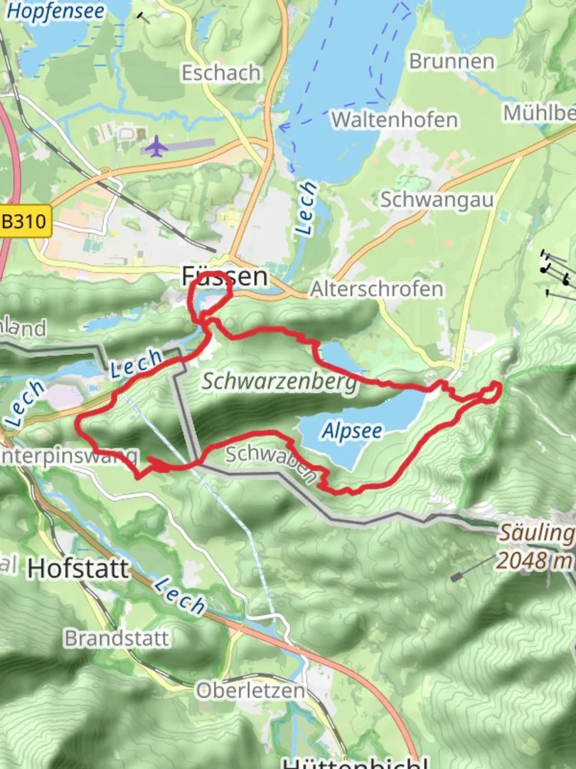 An image depicting the trail Hutlersberg, Schwansee and Alpsee Loop - Fussen and its surrounding area.