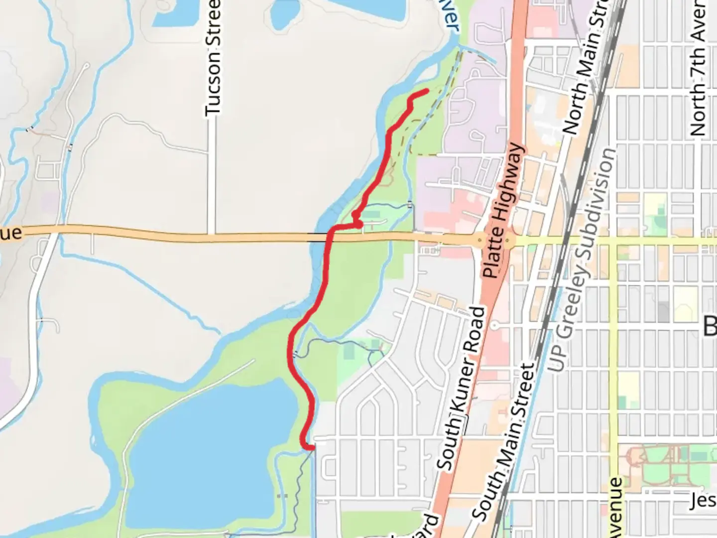 An image depicting the trail Veterans Park via South Platte River Trail and Colorado Front Range Trail and its surrounding area.
