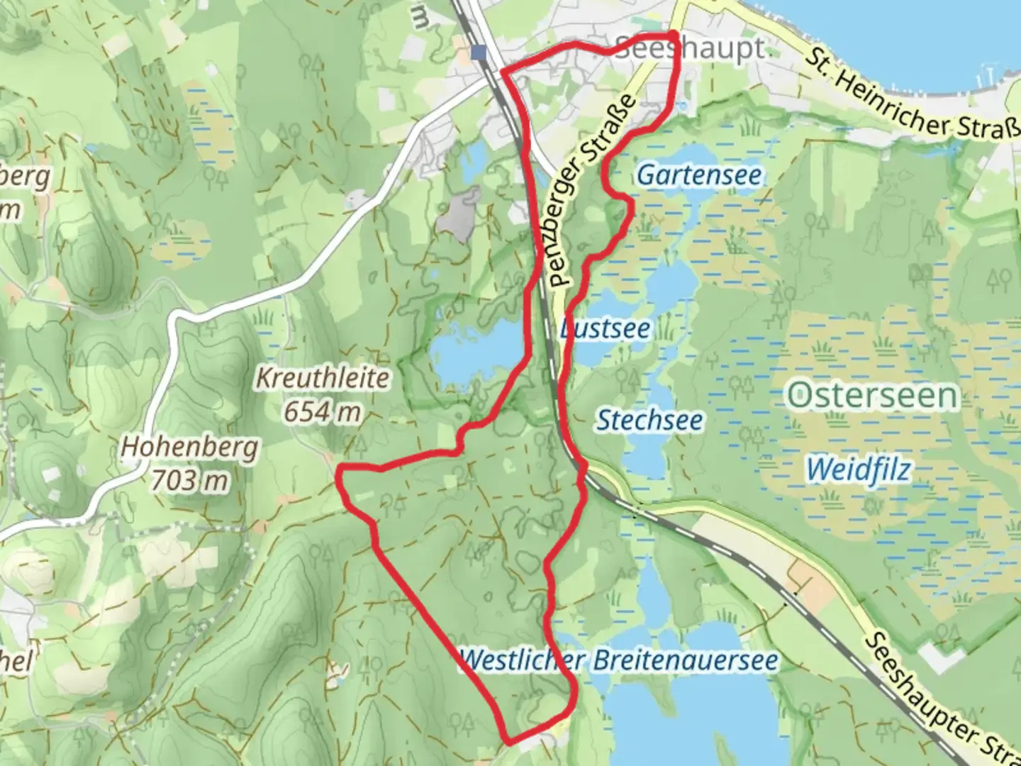 An image depicting the trail Frechensee via Osterseen Wanderweg and its surrounding area.
