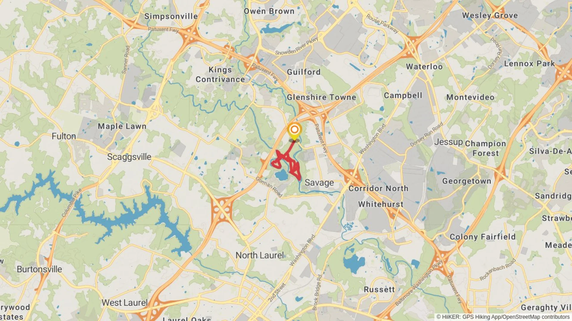 An image depicting the trail Red, Blue and Blue-Green Loop Trail and its surrounding area.