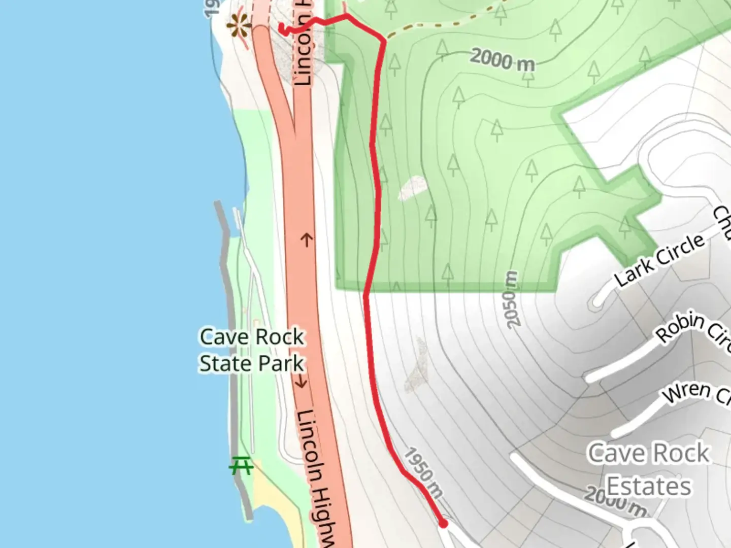 An image depicting the trail Cave Rock from Winding Way and its surrounding area.