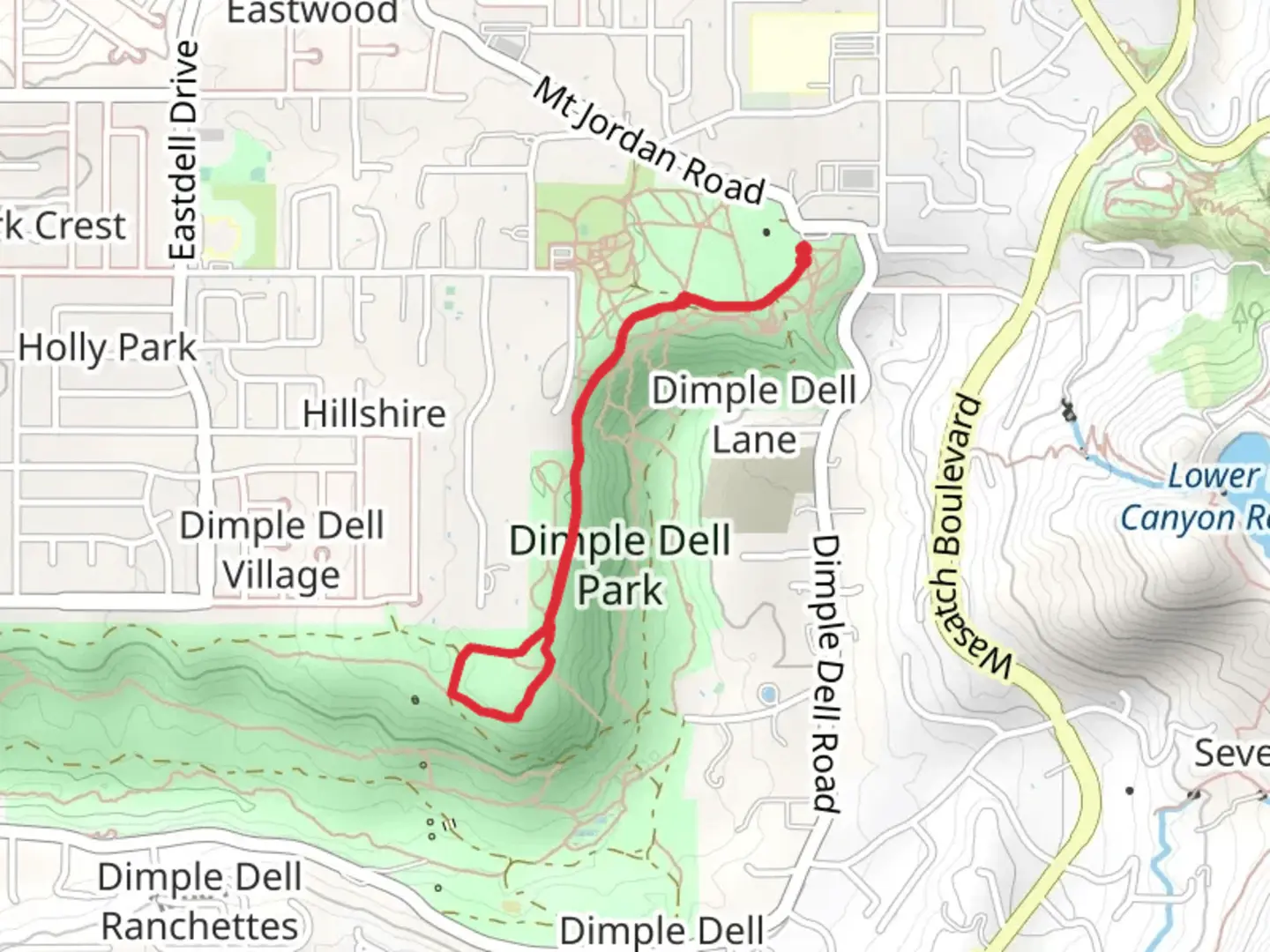 An image depicting the trail Dimple Dell Trail and Fox Point Loop Trail and its surrounding area.