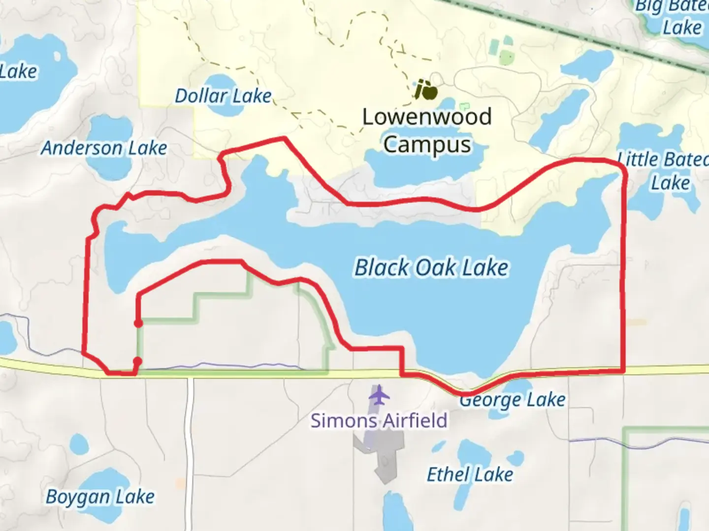 An image depicting the trail Black Oak Lake Loop and its surrounding area.