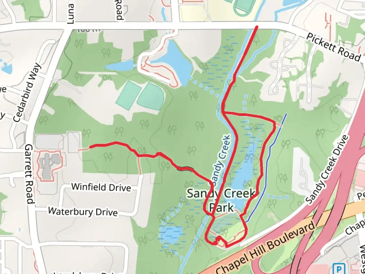 An image depicting the trail Sandy Creek Park Loop and its surrounding area.