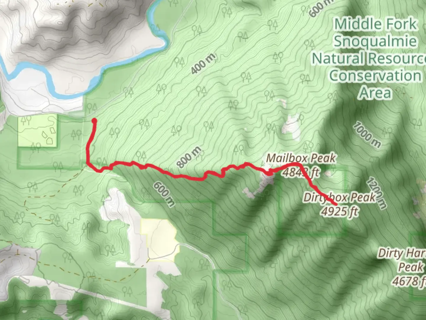 An image depicting the trail Dirtybox Peak and Mailbox Peak Trail and its surrounding area.