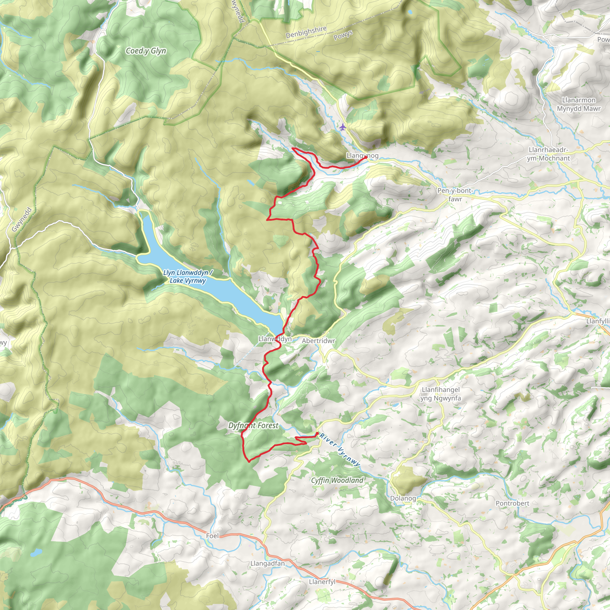 Pont Llogel to Llangynog in Powys mobile static map
