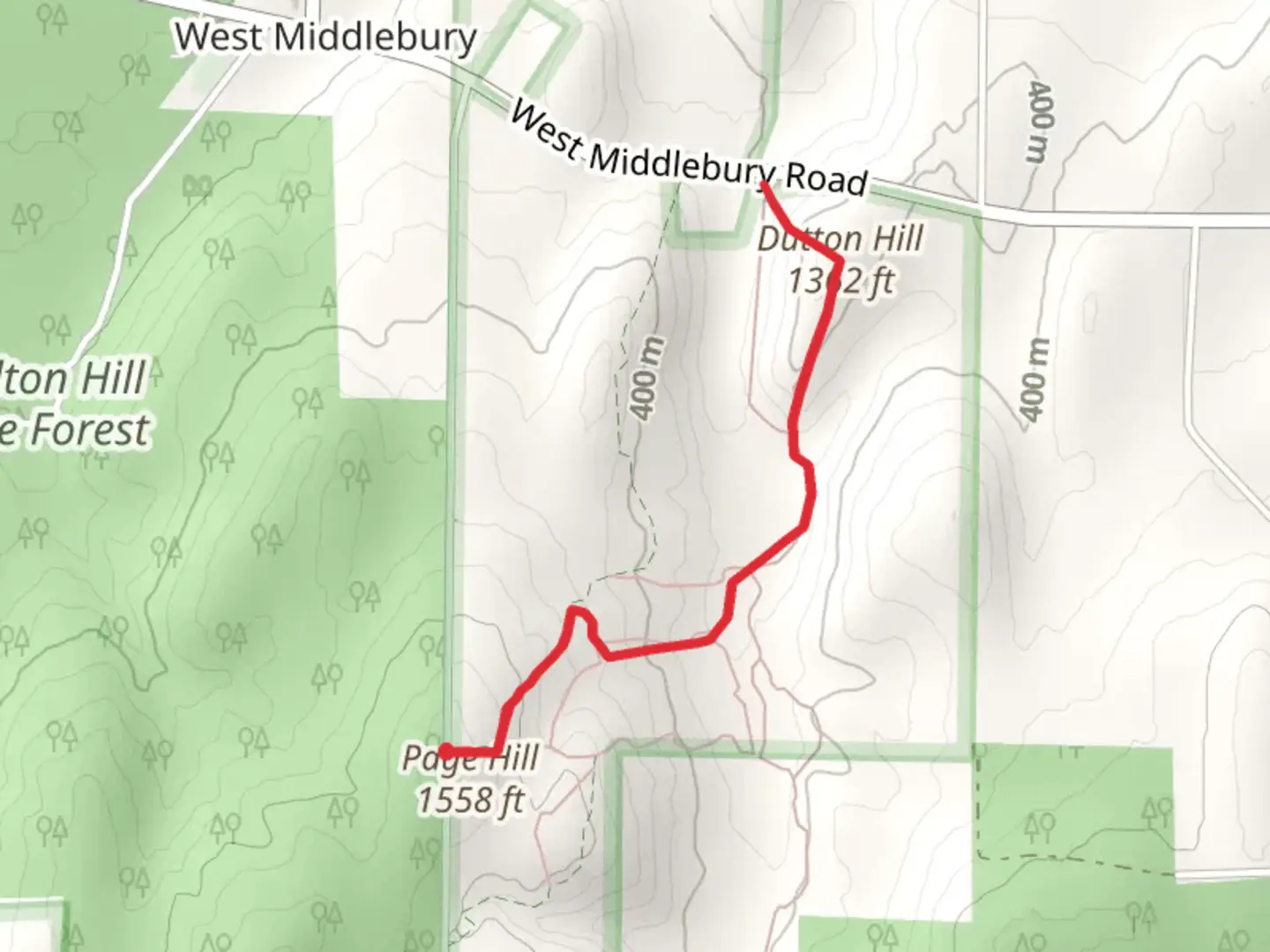 An image depicting the trail Dutton Hill Trail from Bank Street Road and its surrounding area.