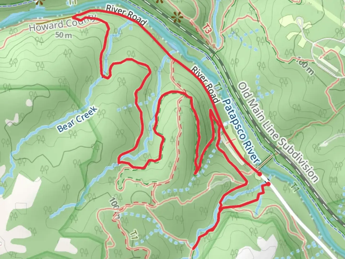 An image depicting the trail Bloede Dam Trail and Garretts's Pass Loop and its surrounding area.
