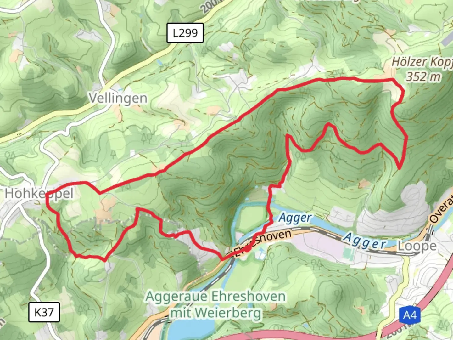 An image depicting the trail Rheinscher Weg and Bergische Schweiz Rundweg A7 and its surrounding area.