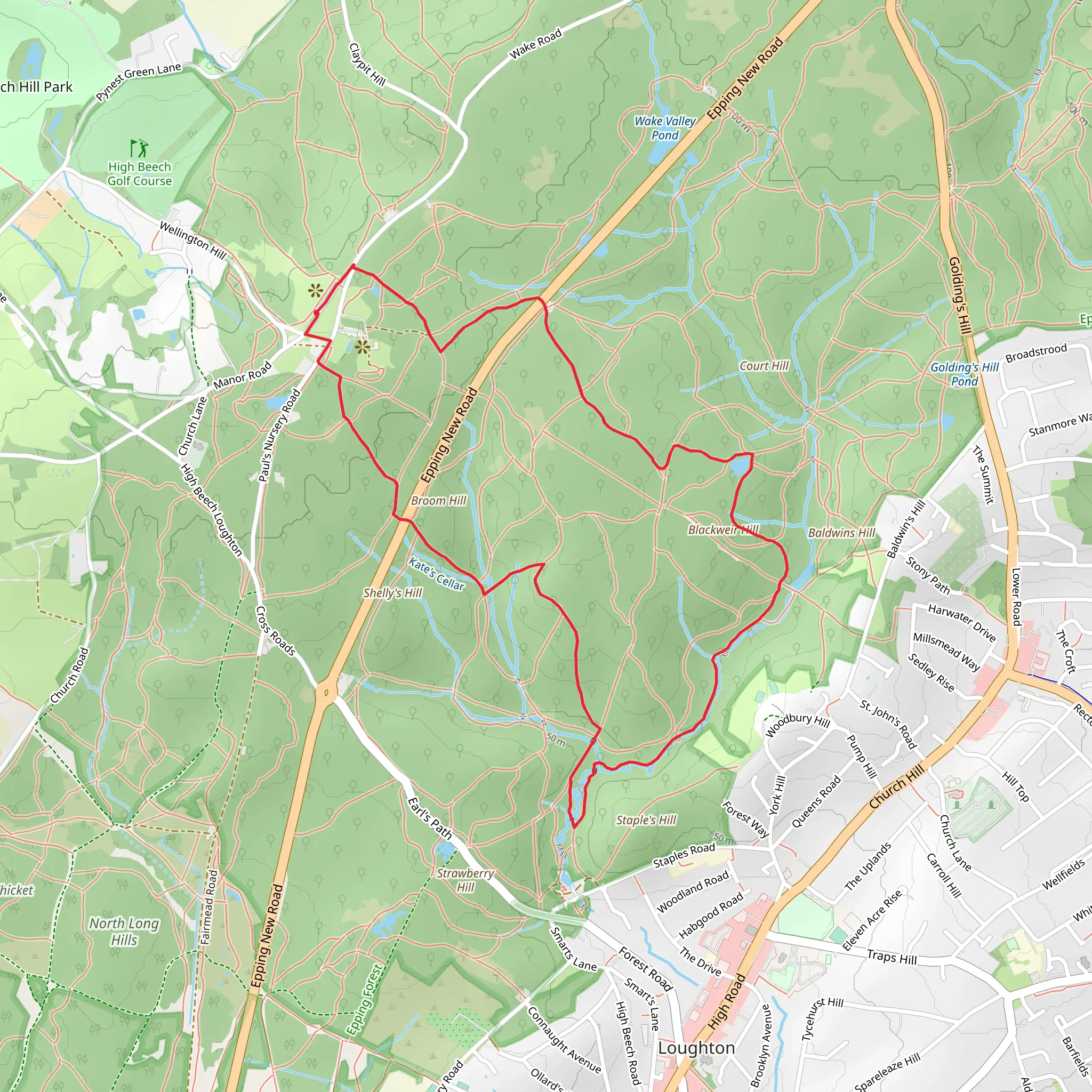 Blackweir Pond and Broom Hill in Loughton Country Park mobile static map