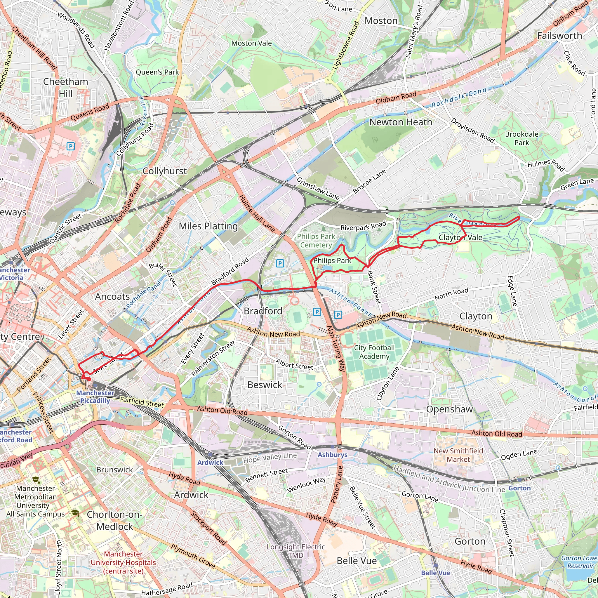 Ashton Canal, Philips Park, Clayton Vale and River Medlock Walk mobile static map