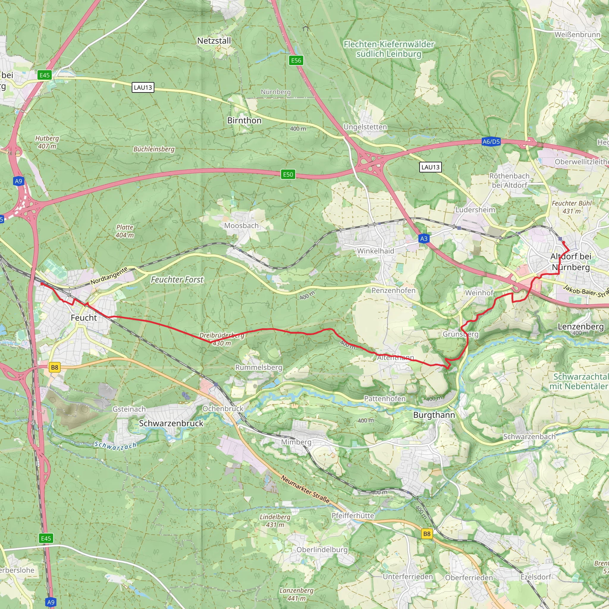 Altdorf West to Feucht via Zeidlerweg mobile static map