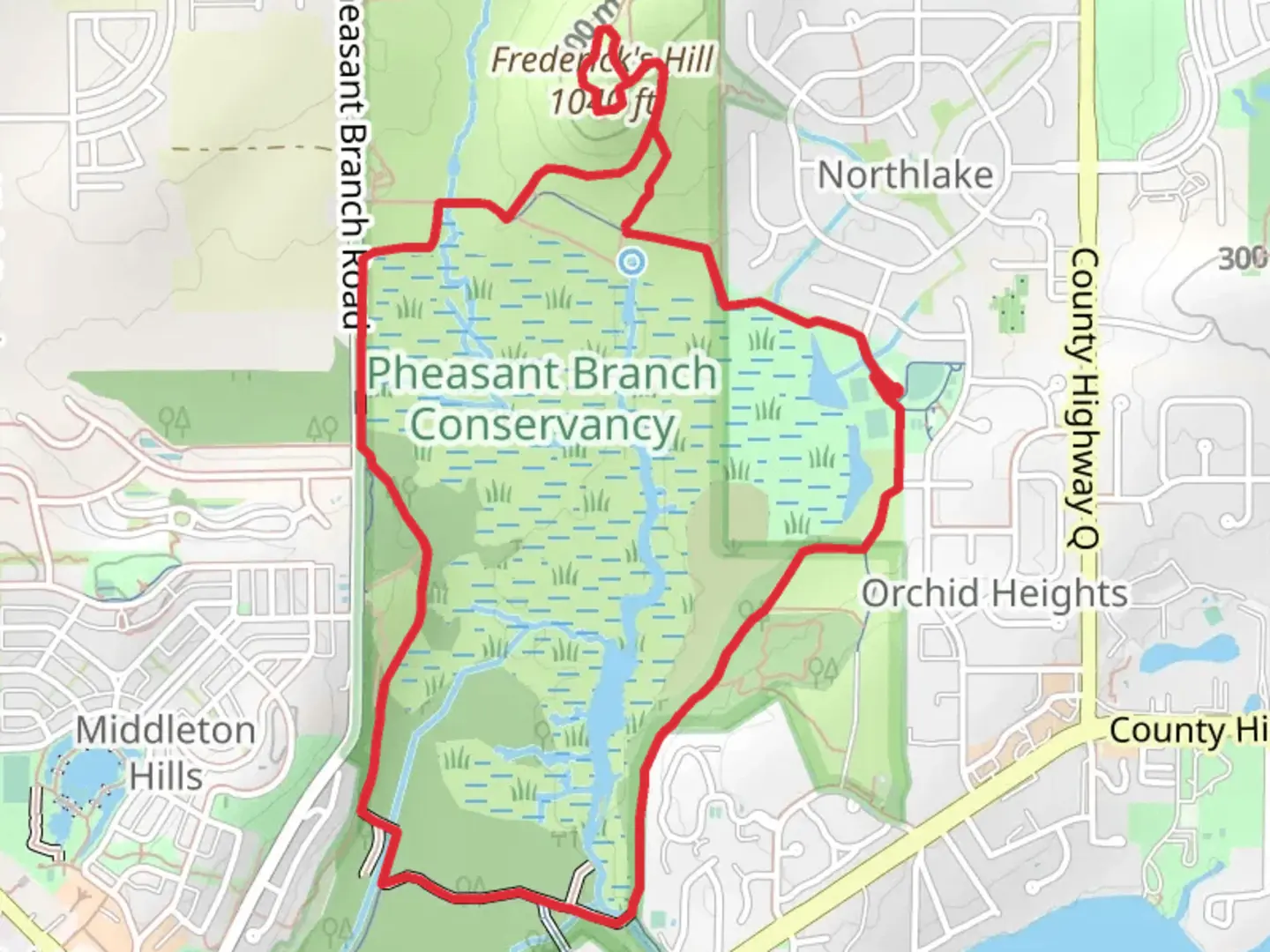An image depicting the trail Frederick's Hill - Orchid Heights Park Loop and its surrounding area.