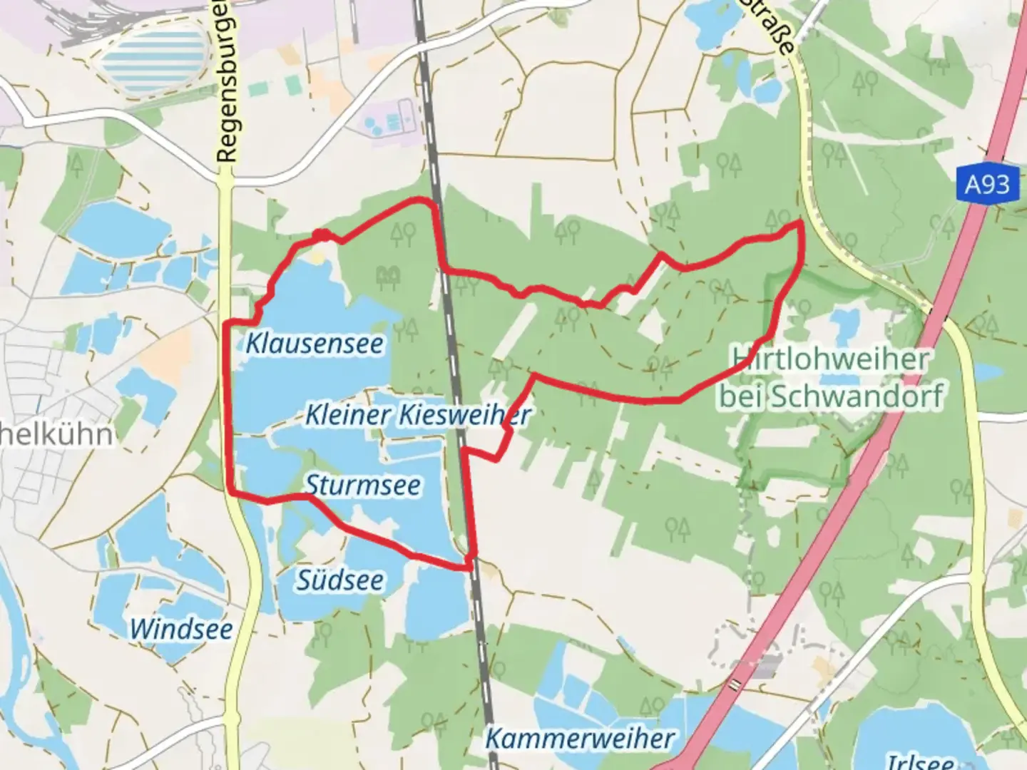 An image depicting the trail Klausensee and Sturmsee via Holzhaus-Klardorf Bhf and its surrounding area.
