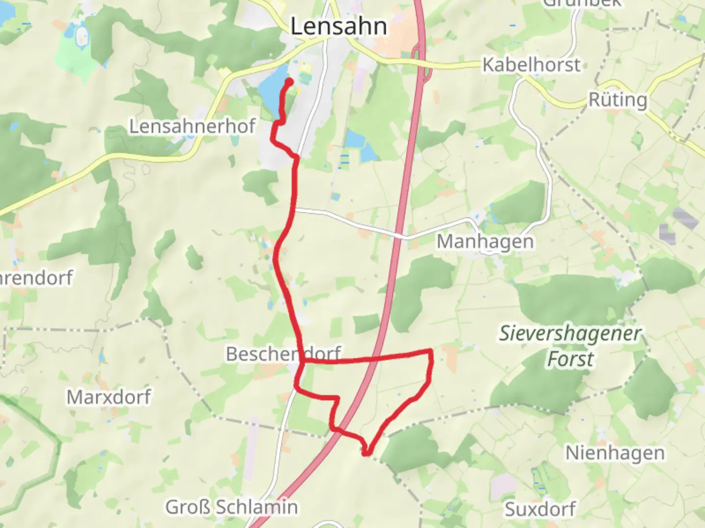 An image depicting the trail Beschendorf-Sievershagen Route and its surrounding area.